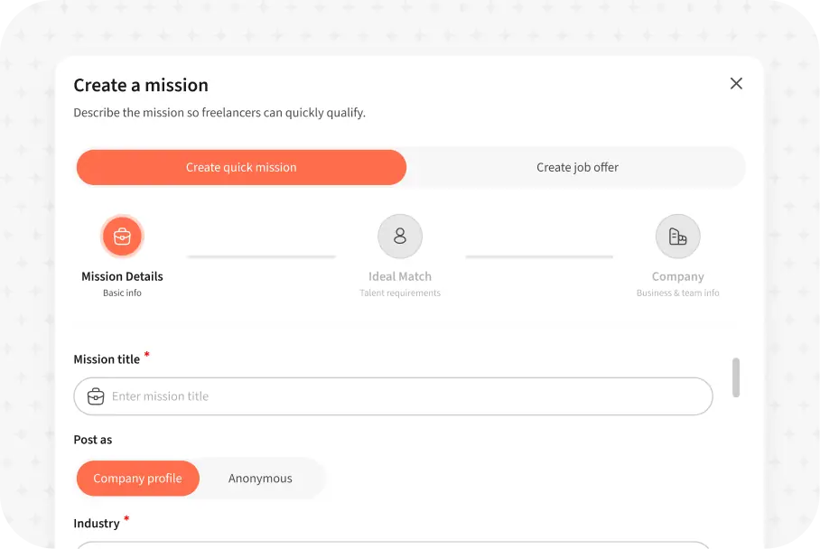 Create mission flow with mission details and talent requirements on FinderrLink