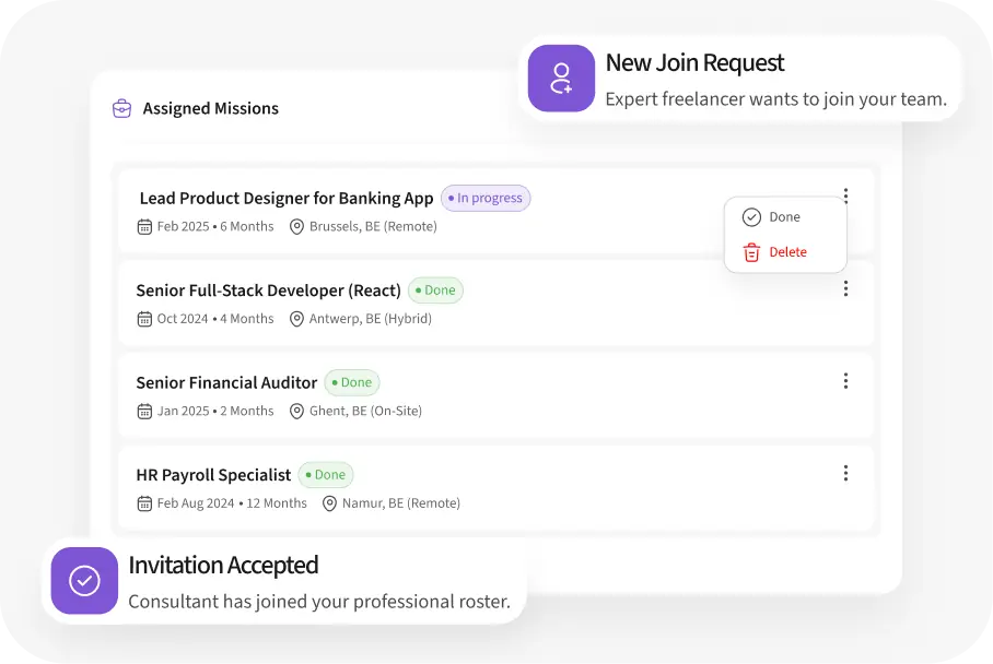 Assigned missions list with join request and invitation notifications