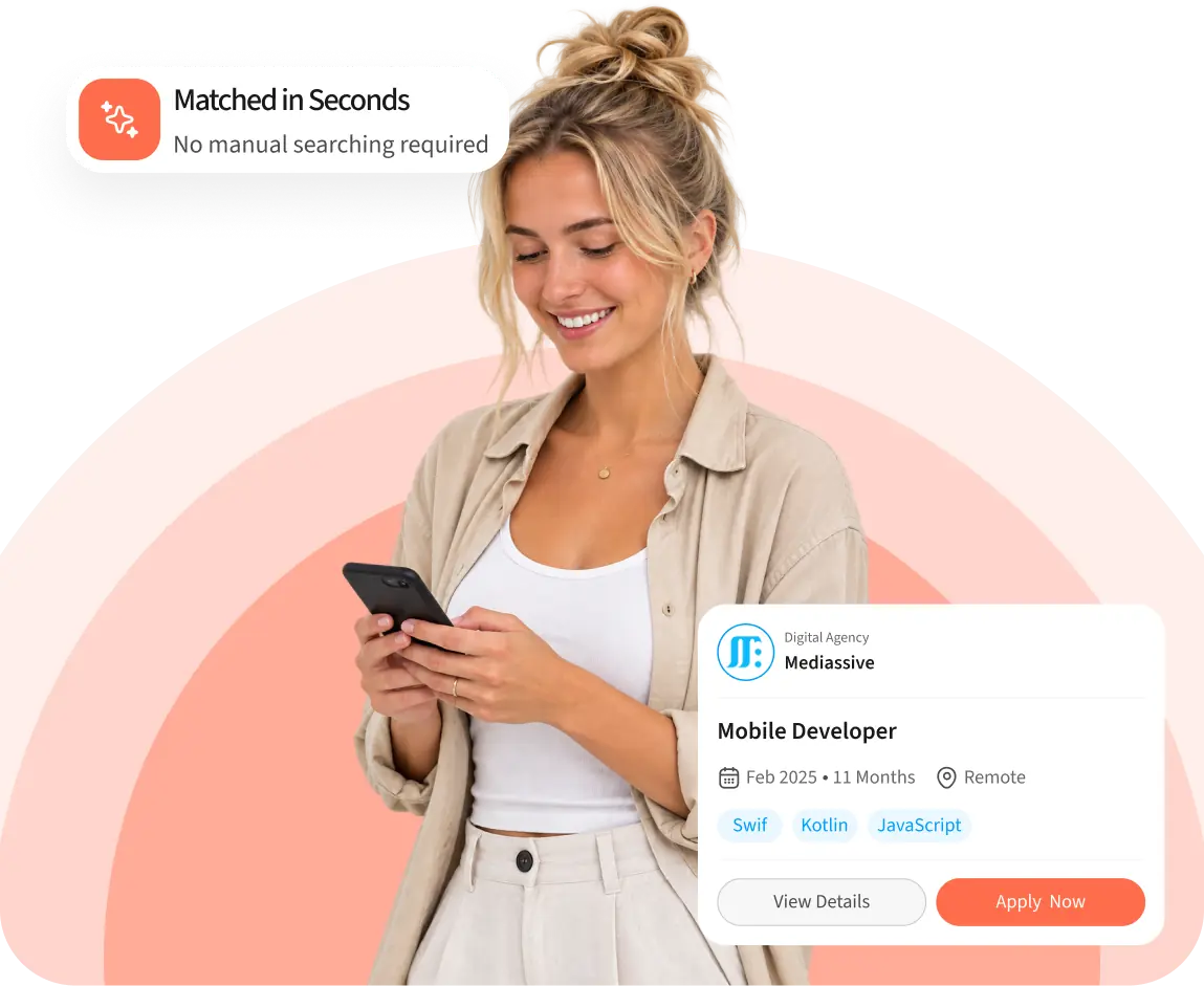 Freelancer holding a tablet showing the FinderrLink freelancer dashboard