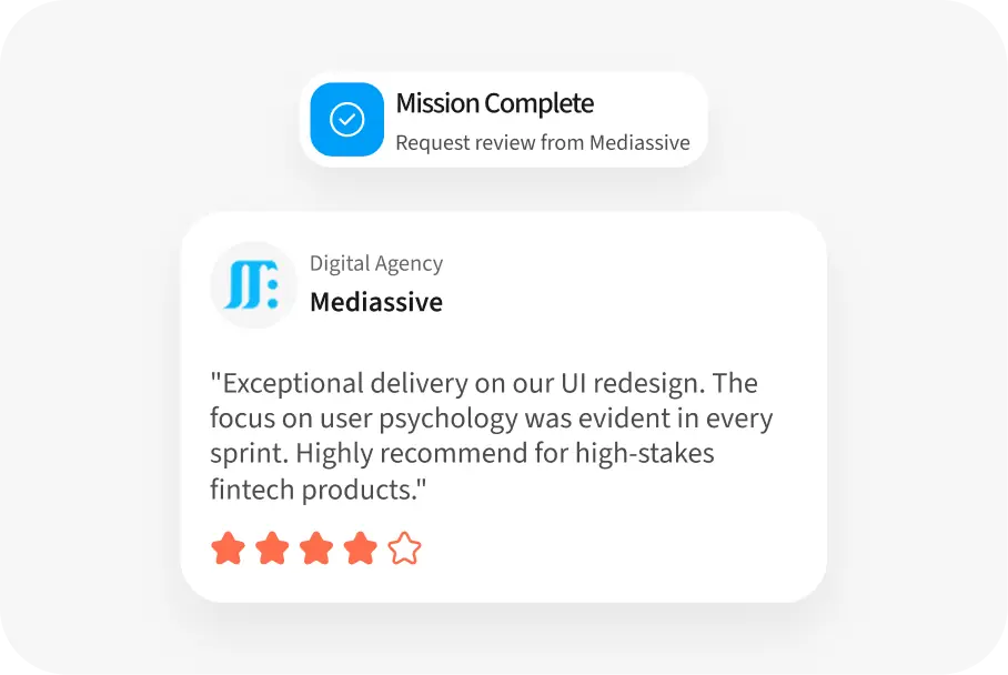 Mission complete notification and client review card from Mediassive